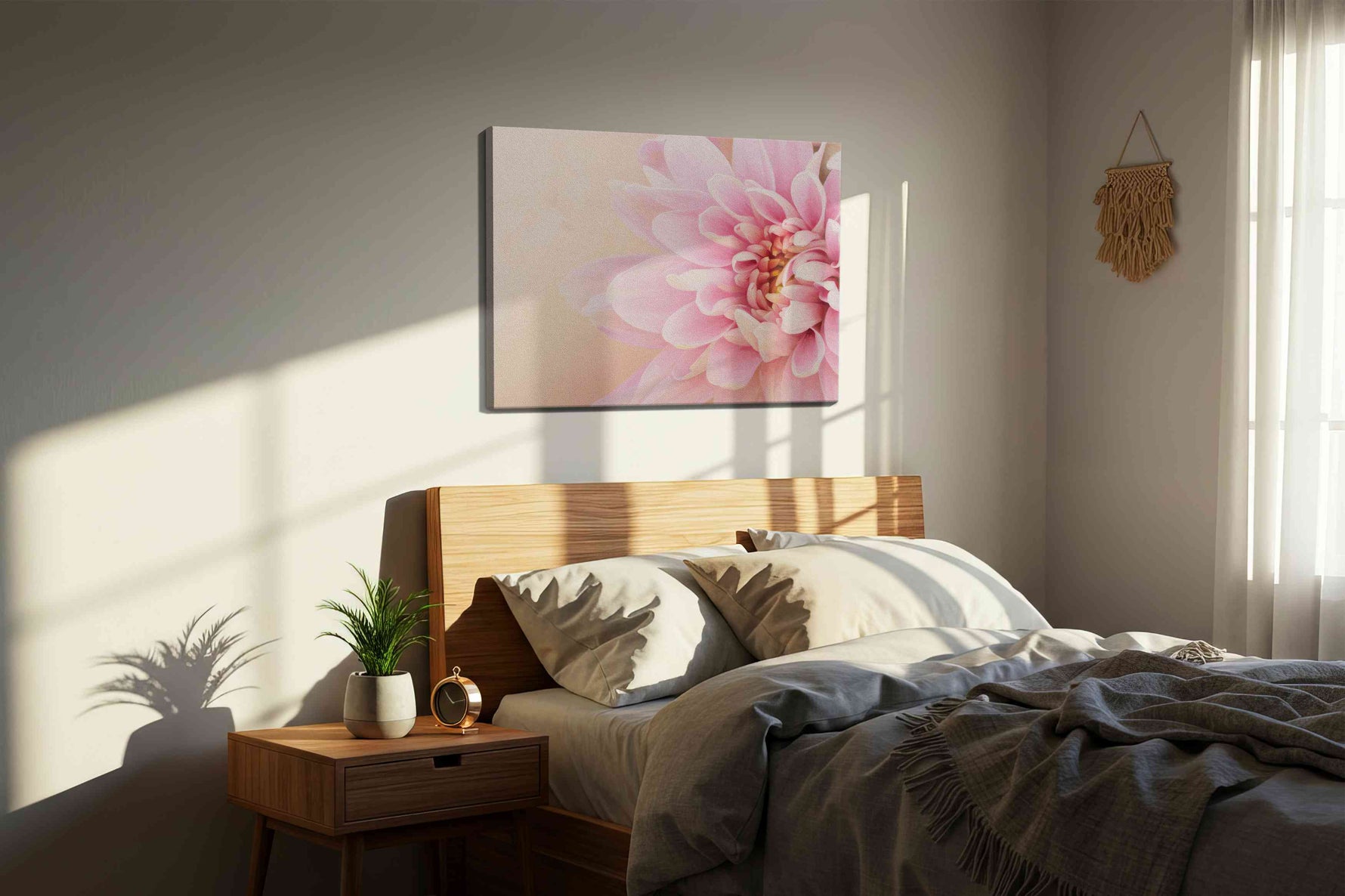 Blossom's Whispers floral canvas print, displayed in a bedroom