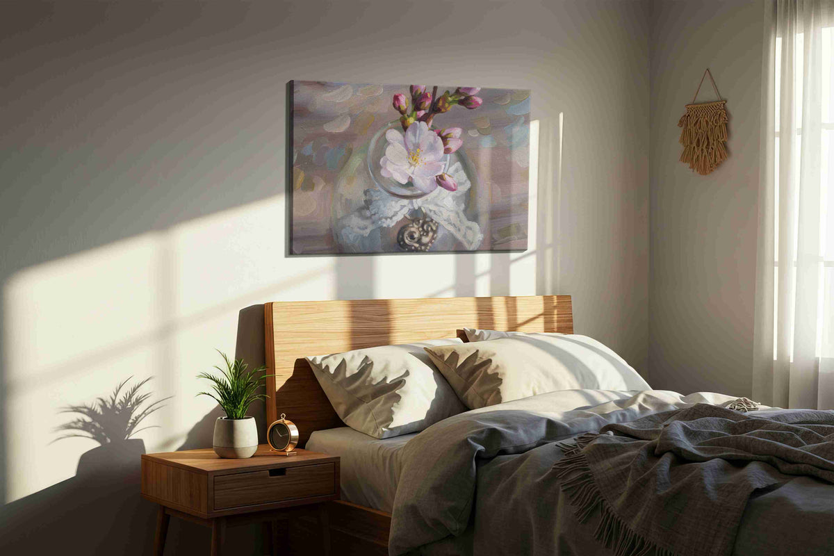 Blossoms in Glass Serenity floral canvas print, displayed in a bedroom