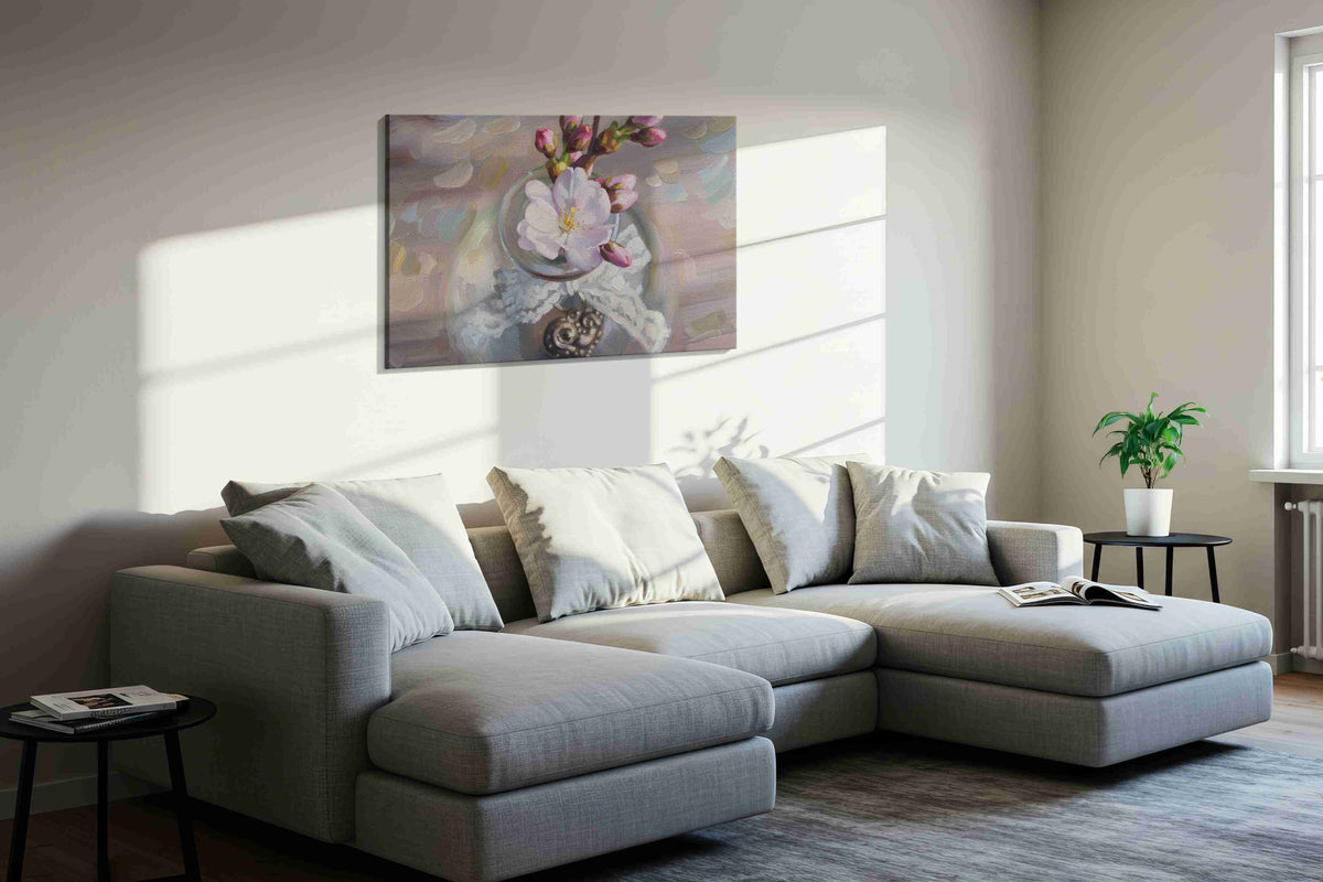 Blossoms in Glass Serenity floral canvas print, displayed in a living room