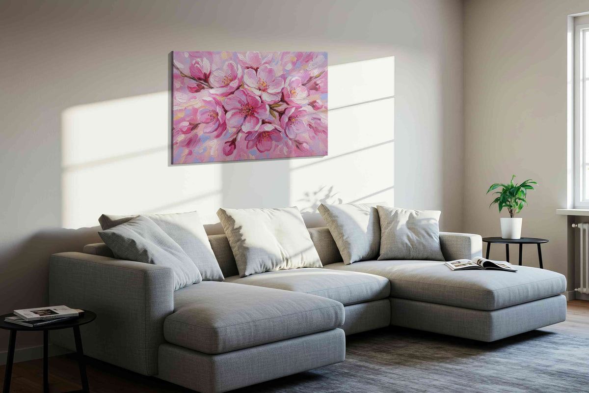 Blossoms in Soft Symphony floral canvas print, displayed in a living room