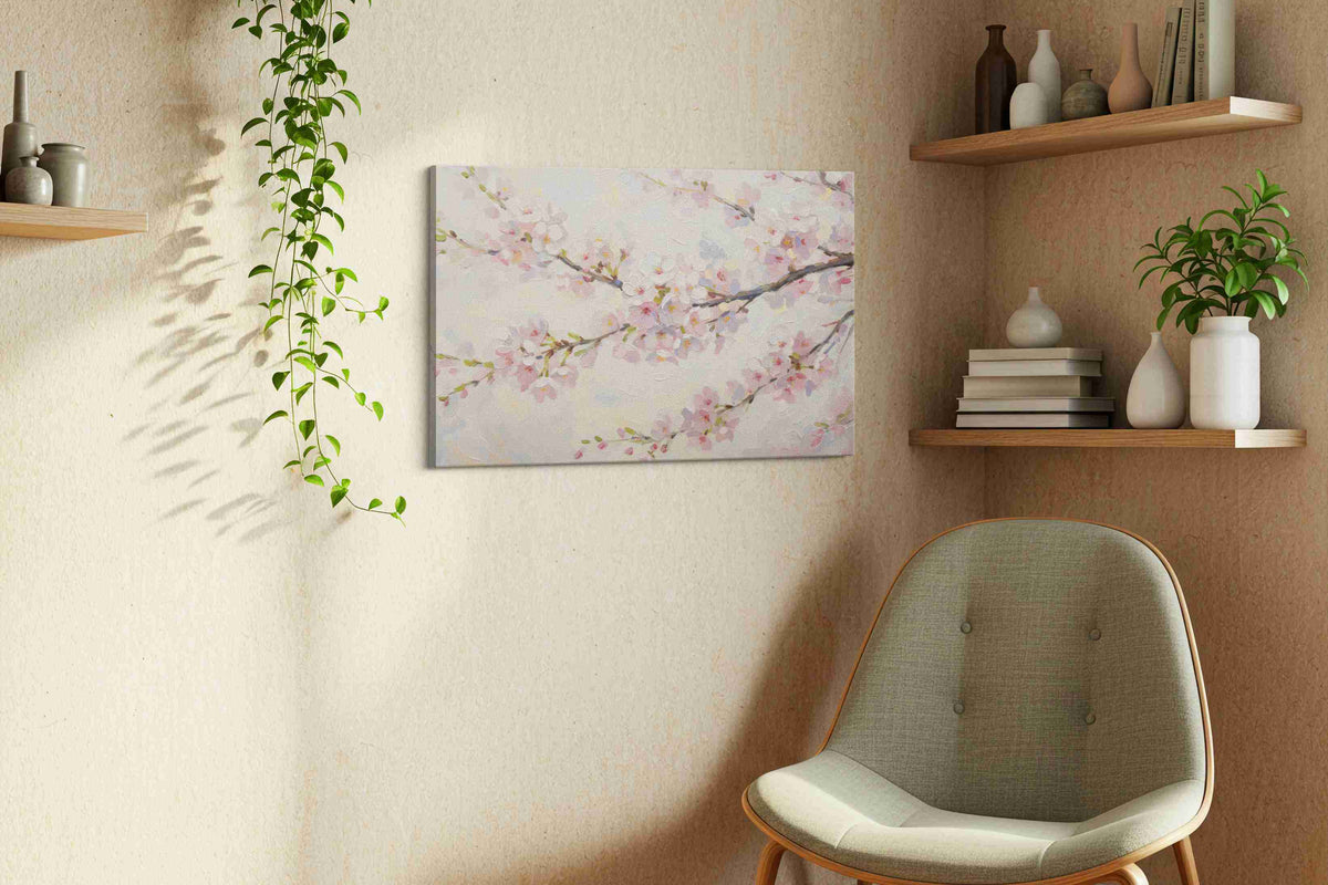 Blossoms of Serenity floral canvas print, displayed in a living room