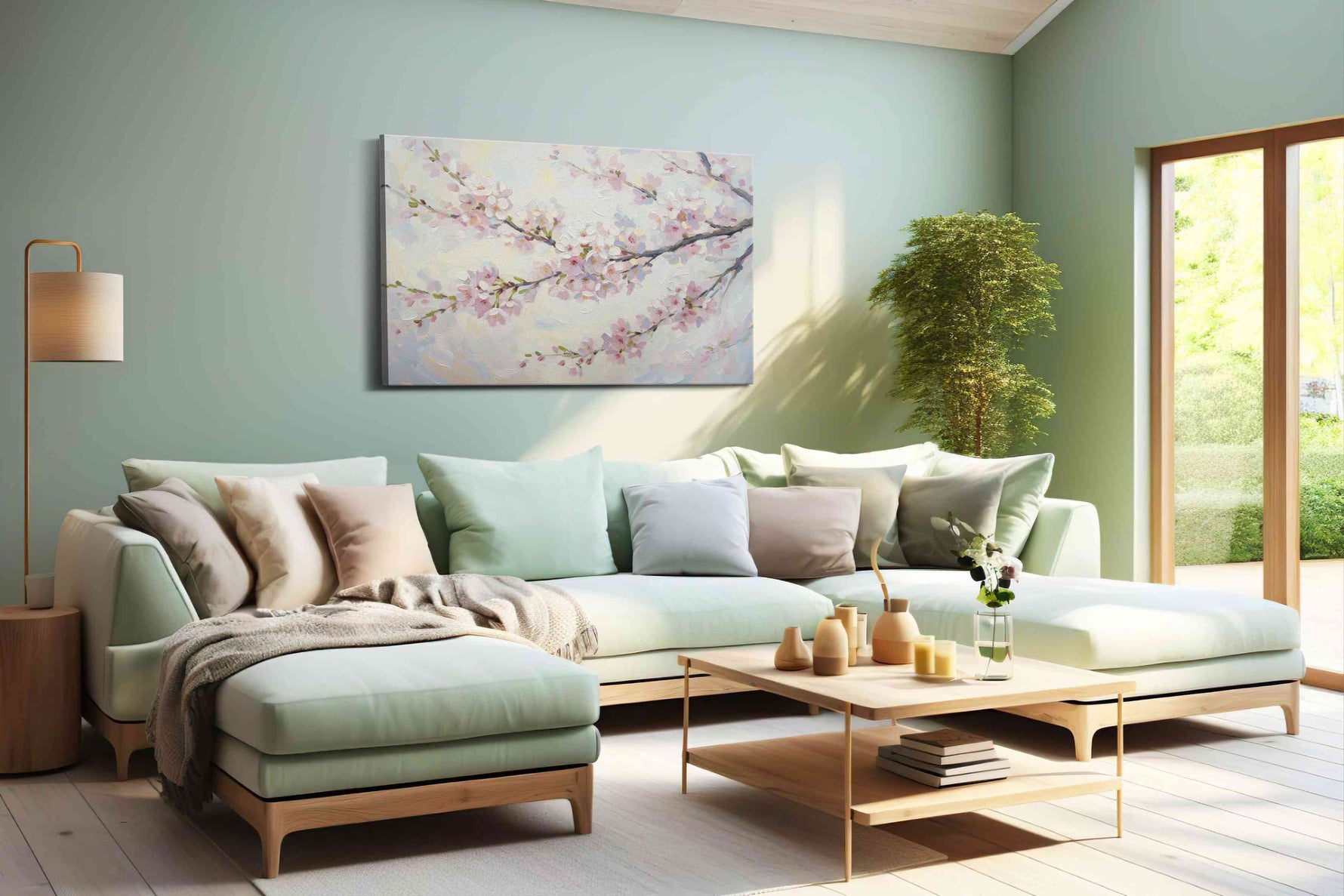 Blossoms of Serenity floral canvas print, hanging on wall