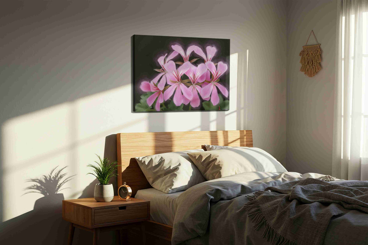 Blush of Blooming Petals floral canvas print, displayed in a bedroom