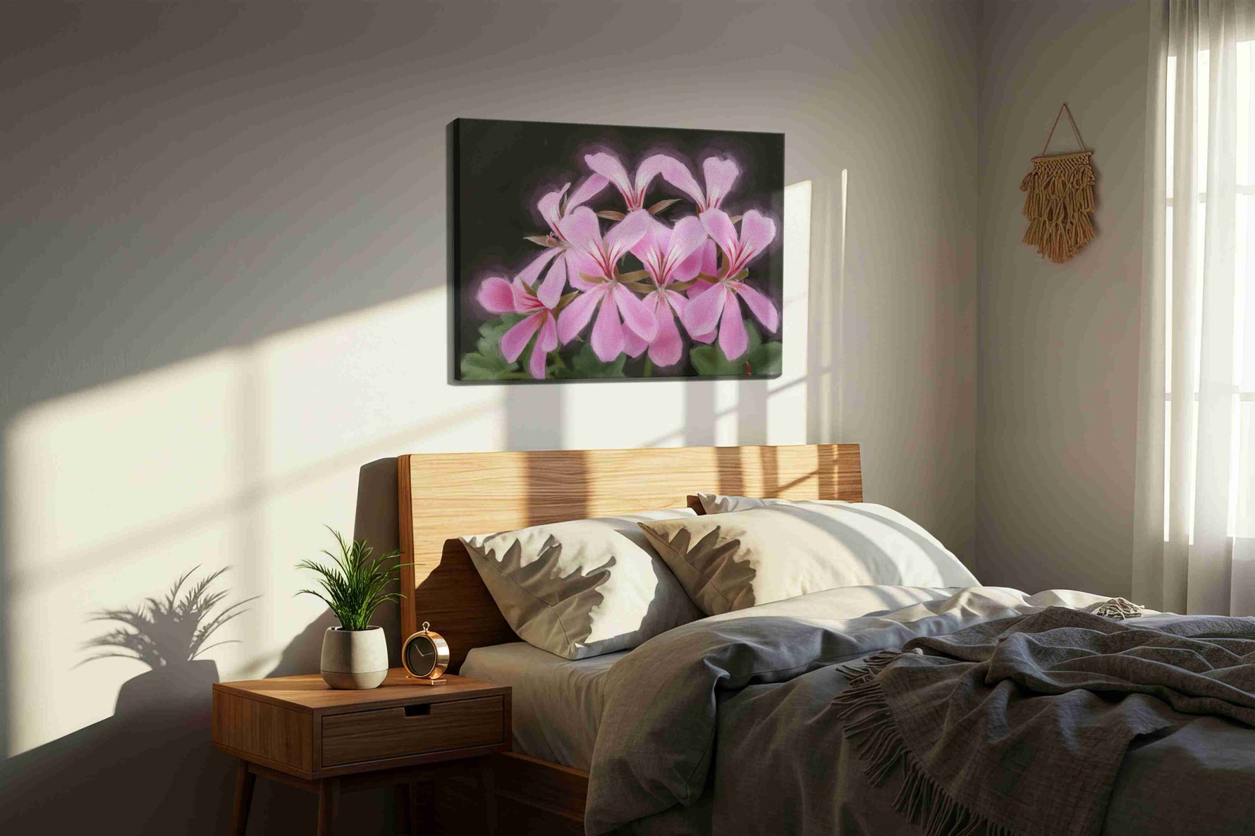 Blush of Blooming Petals floral canvas print, displayed in a bedroom