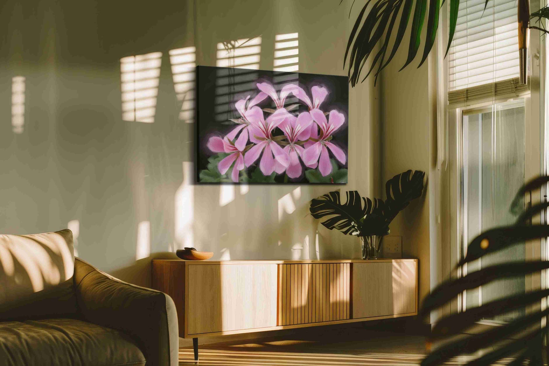 Blush of Blooming Petals floral canvas print, on wall, lifestyle preview