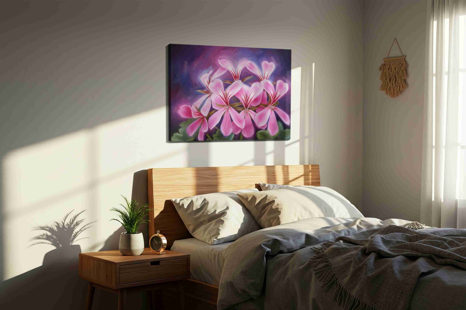 Blush of Twilight Petals floral canvas print, displayed in a bedroom