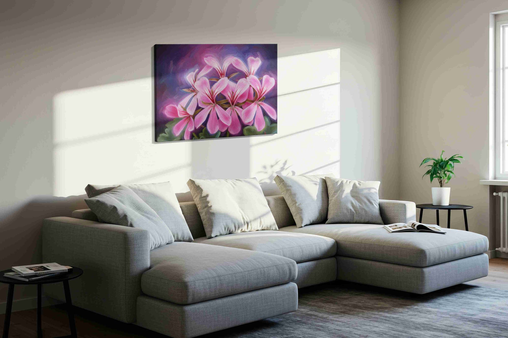 Blush of Twilight Petals floral canvas print in a living room scene