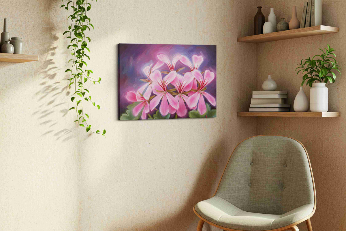 Blush of Twilight Petals floral canvas print, displayed in a living room