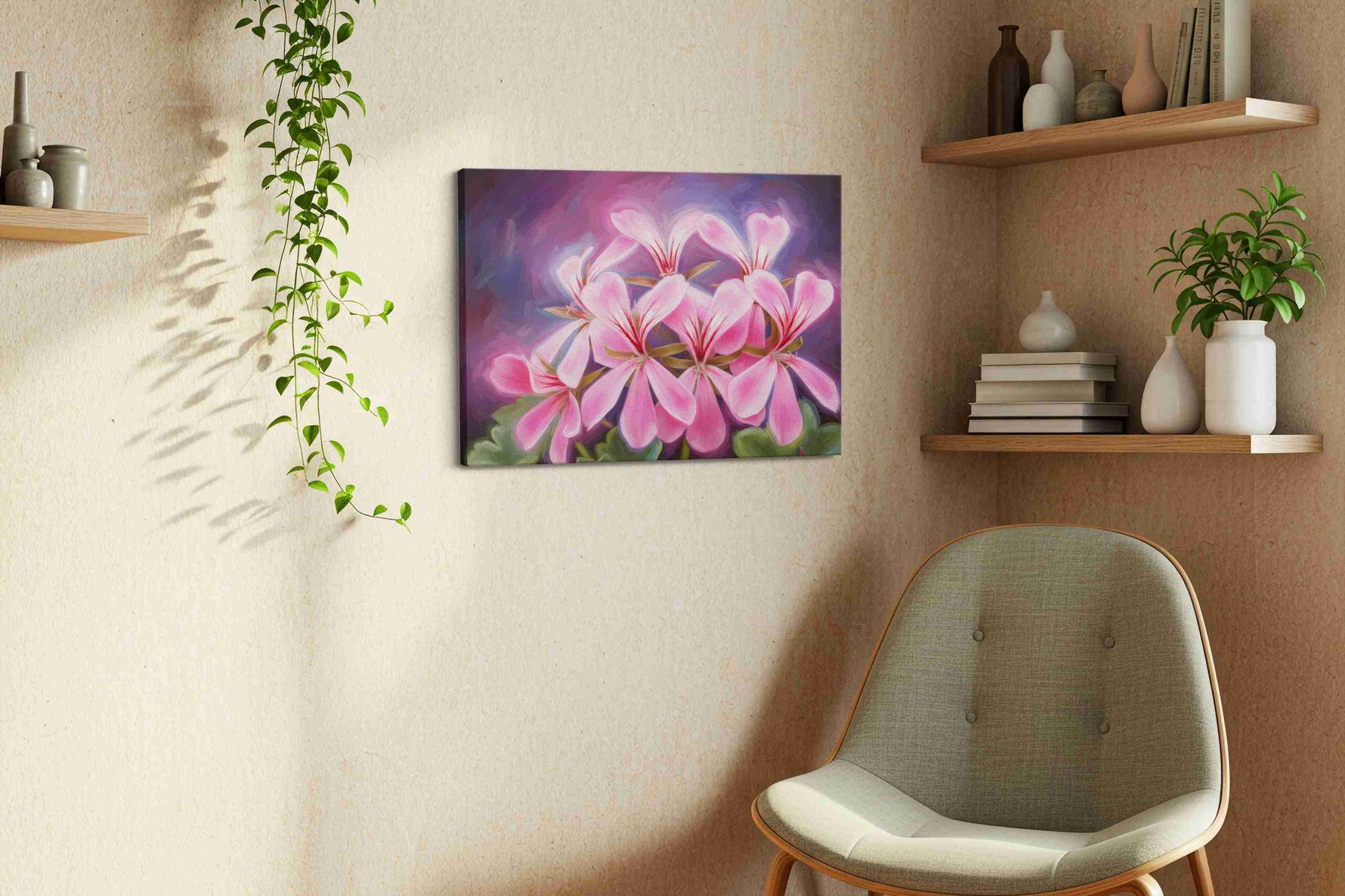 Blush of Twilight Petals floral canvas print, displayed in a living room