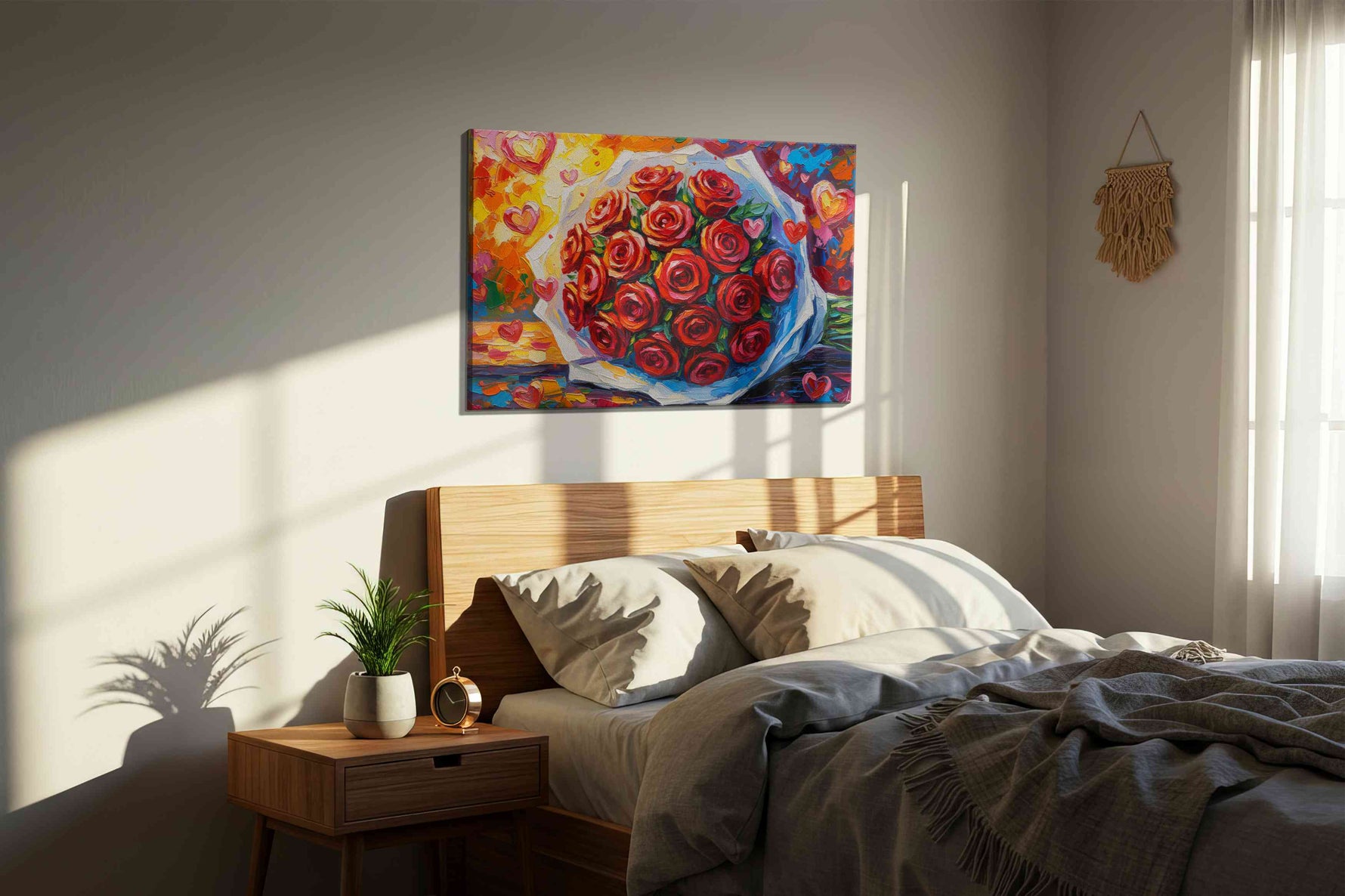 Bouquet of Eternal Blossoms floral canvas print, displayed in a bedroom