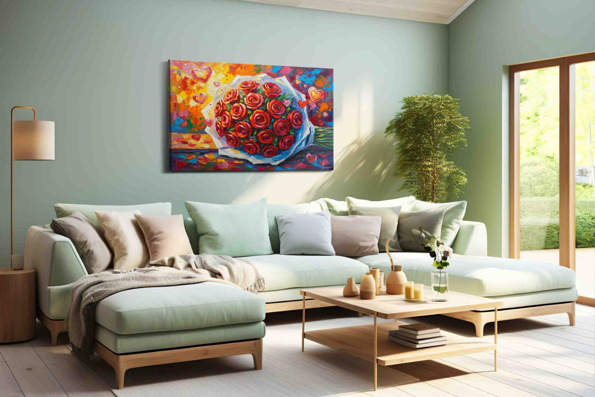Bouquet of Eternal Blossoms floral canvas print shown in a wall scene