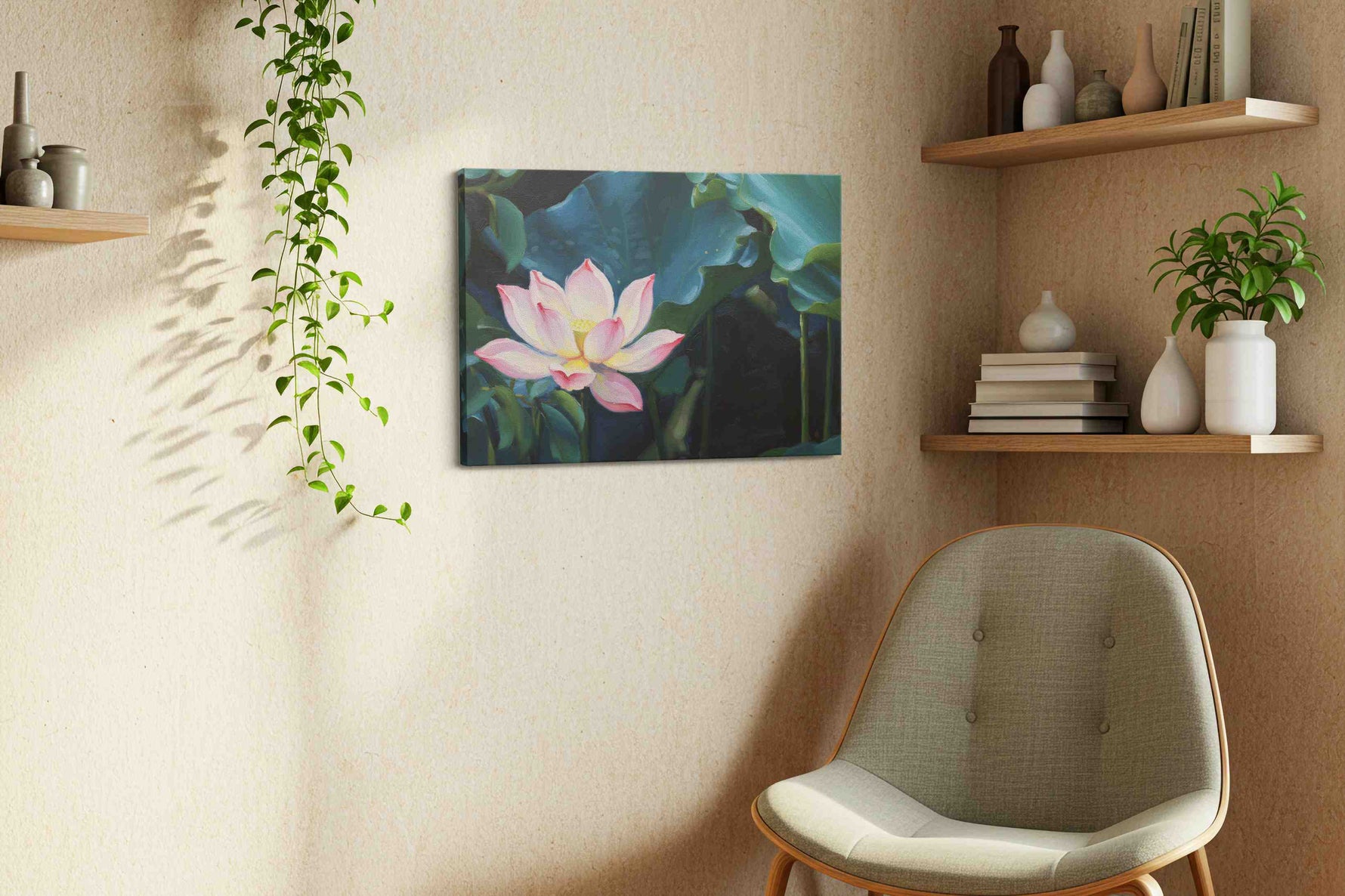 Enchanted Lotus Serenity floral canvas print, displayed in a living room