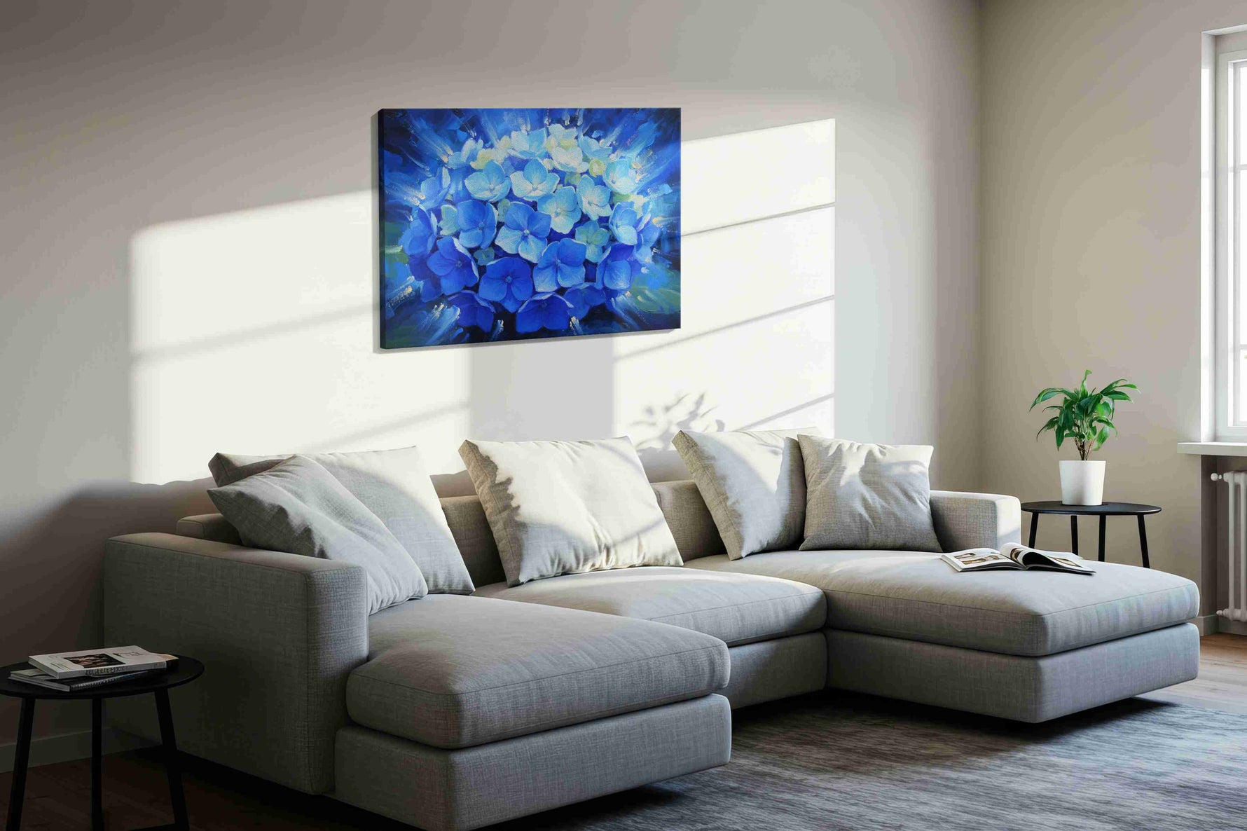 Ethereal Blue Blossoms floral canvas print, displayed in a living room
