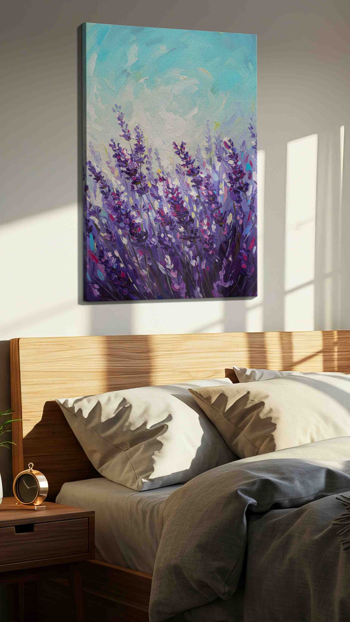 Lavender Dreams at Dawn nature canvas print, displayed in a bedroom
