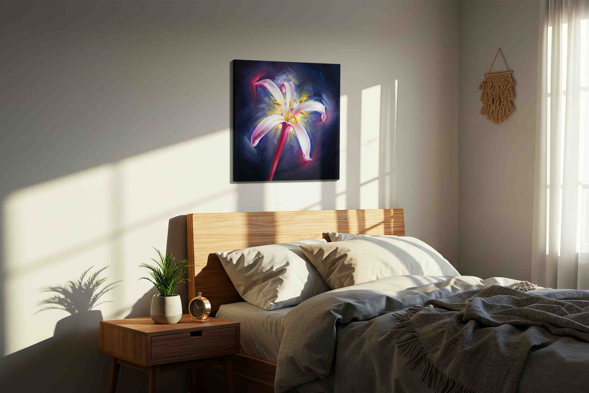 Luminous Lily Radiance floral canvas print, displayed in a bedroom