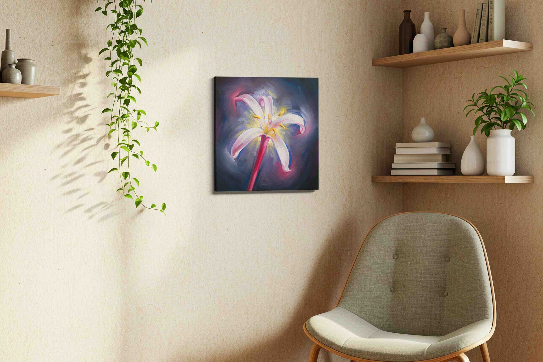 Luminous Lily Radiance floral canvas print, displayed in a living room