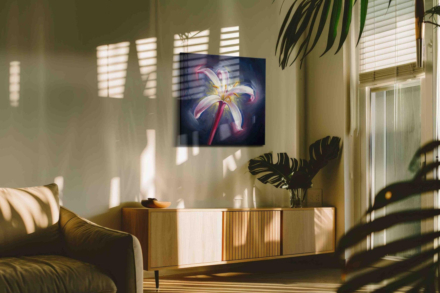Luminous Lily Radiance floral canvas print in a contemporary interior mockup