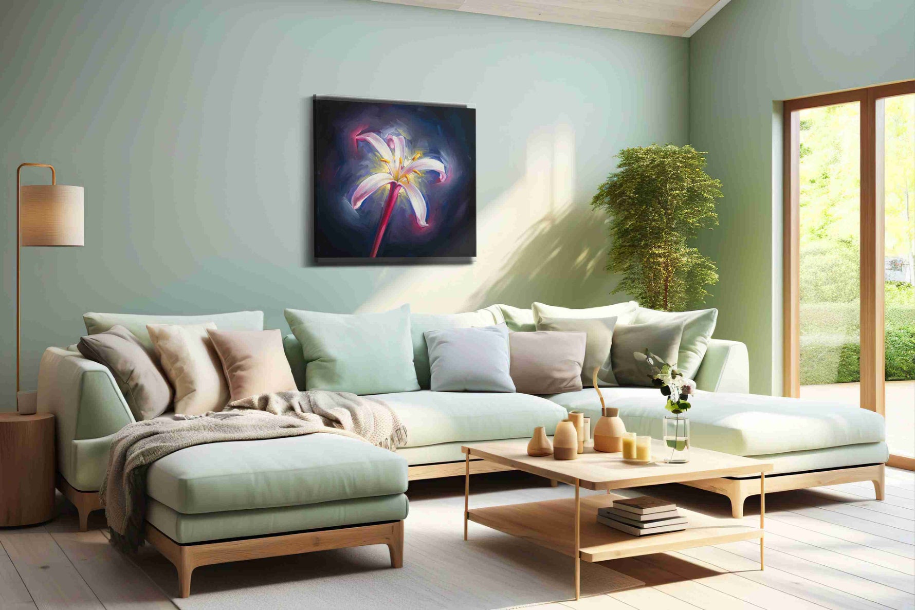 Luminous Lily Radiance floral canvas print, hanging on wall