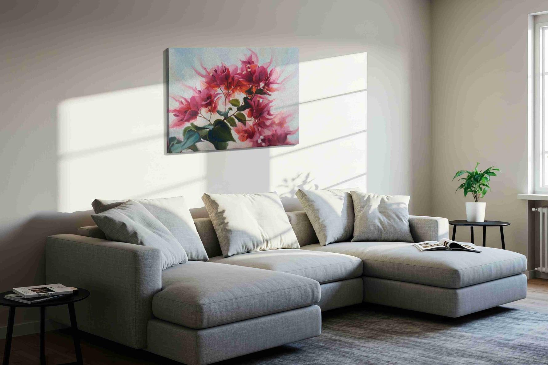 Radiant Blooms in Light floral canvas print in a living room scene