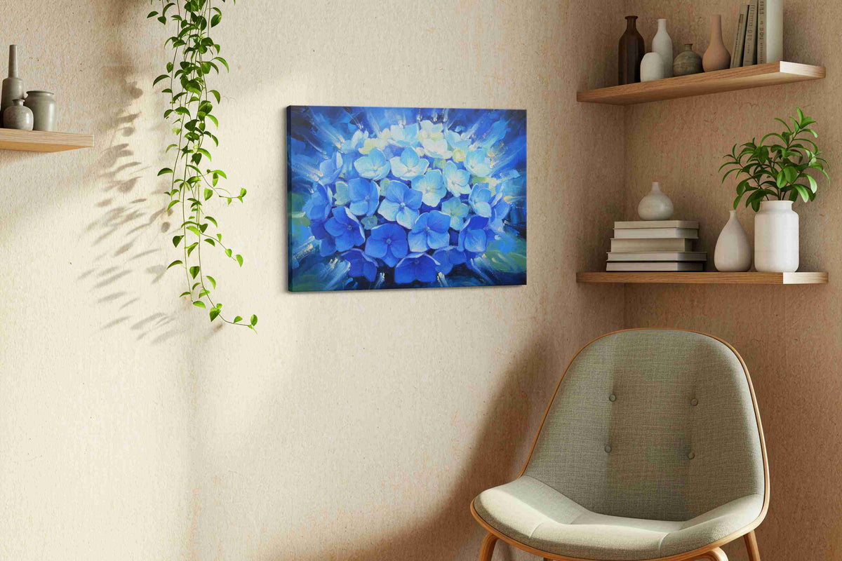 Radiant Blue Blossom floral canvas print, displayed in a living room