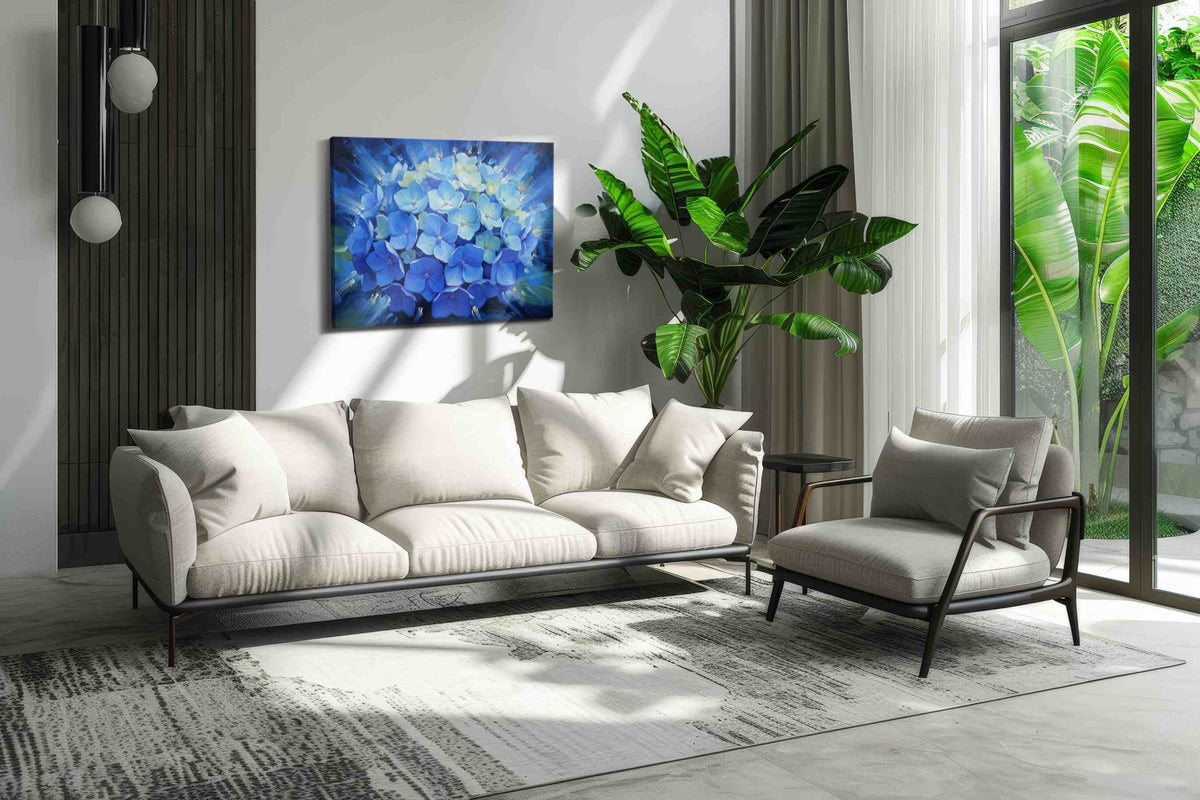 Radiant Blue Blossom floral canvas print in a modern interior mockup