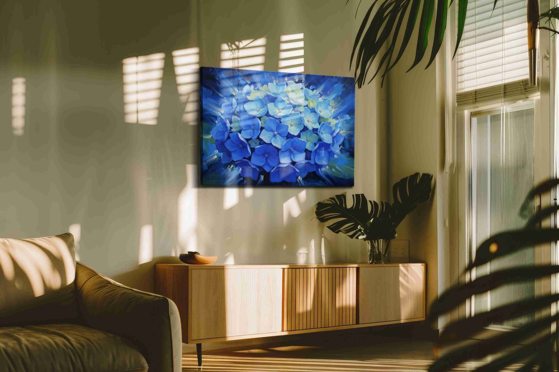 Radiant Blue Blossom floral canvas print, on wall, lifestyle preview