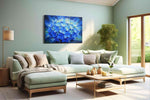 Radiant Blue Blossom floral canvas print, hanging on wall