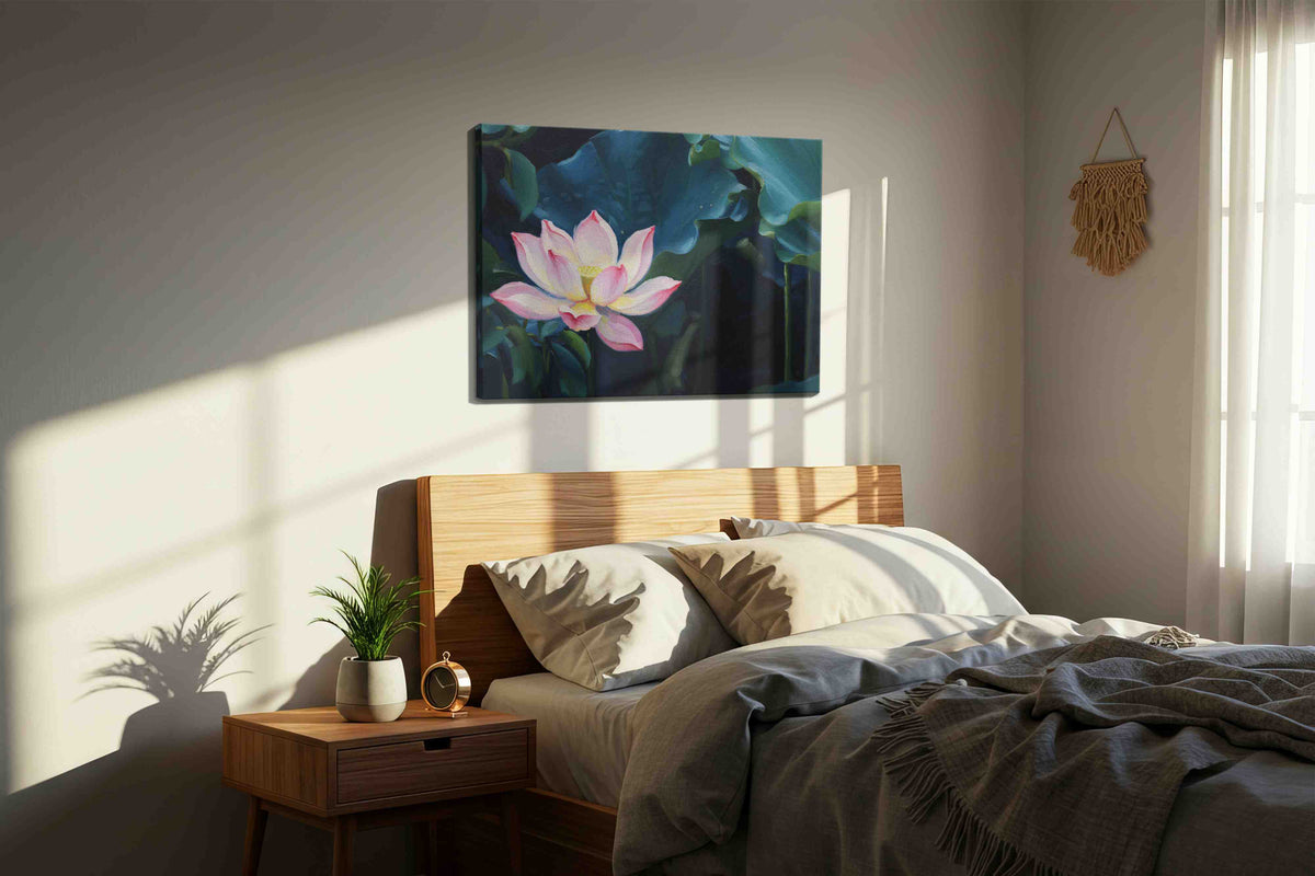 Serenity in Bloom floral canvas print, displayed in a bedroom