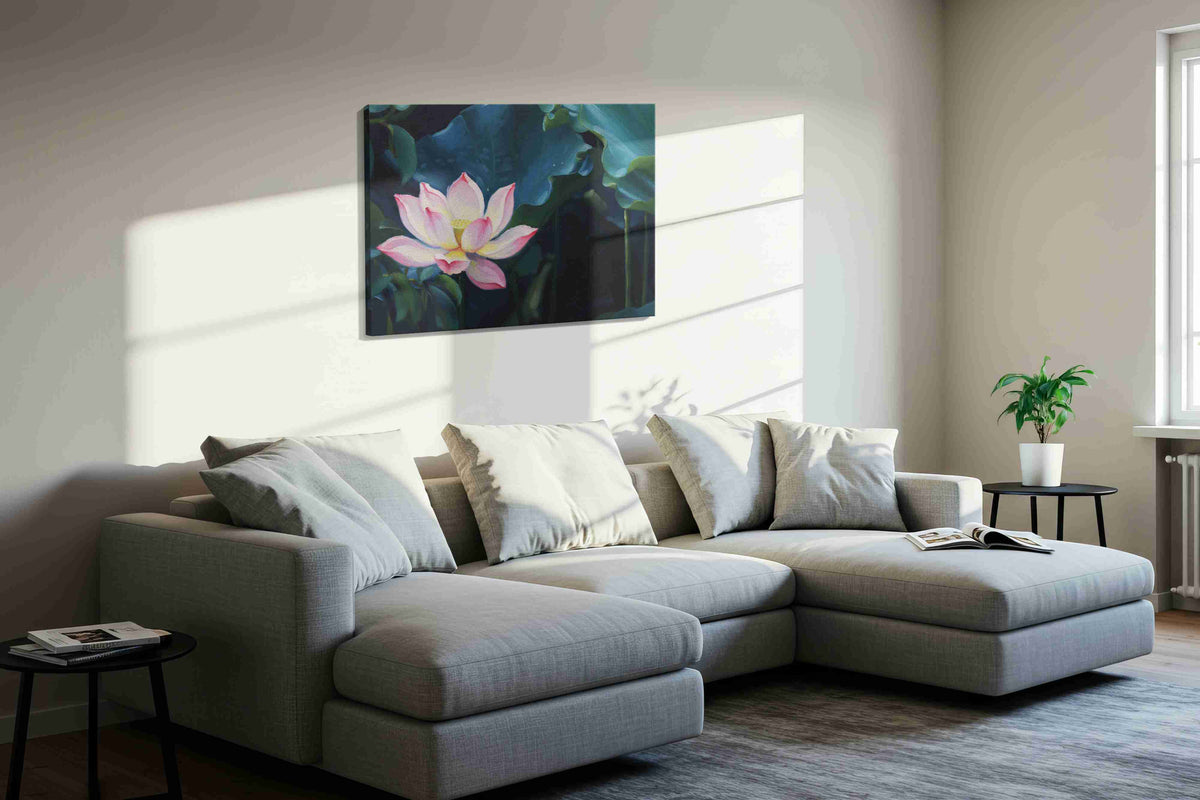 Serenity in Bloom floral canvas print, displayed in a living room