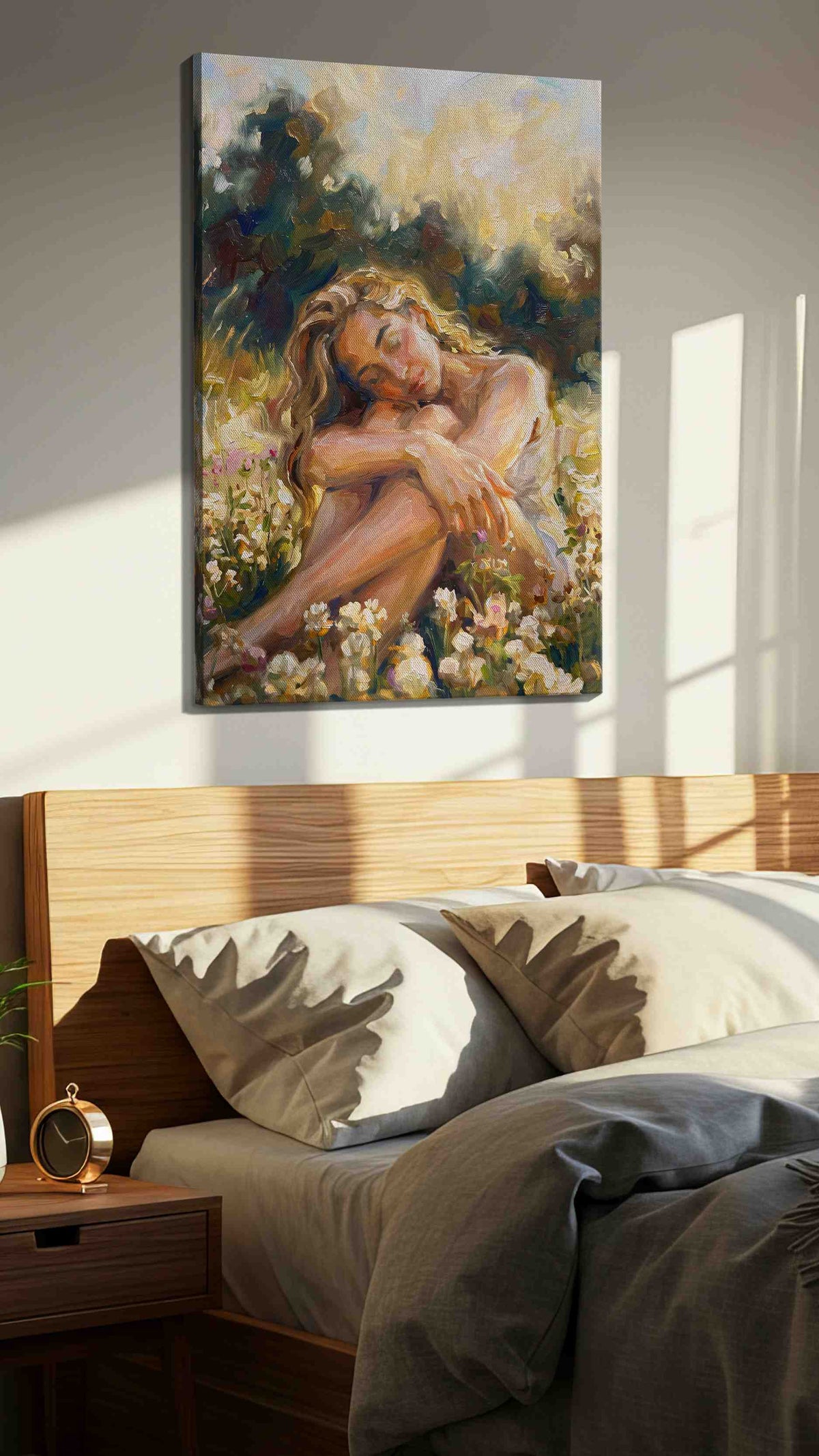 Serenity in Blossoms landscape canvas print, displayed in a bedroom