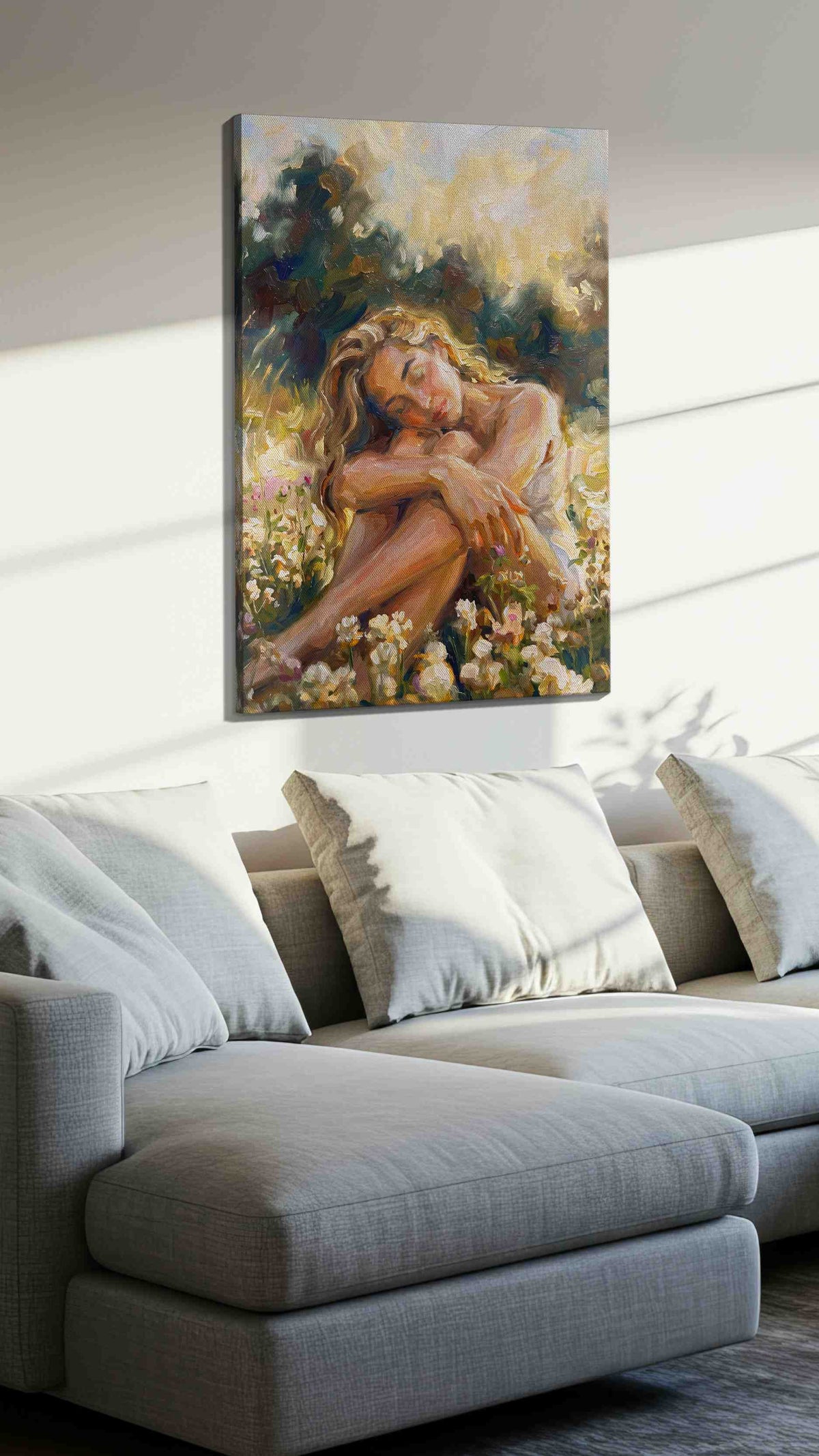 Serenity in Blossoms landscape canvas print, displayed in a living room