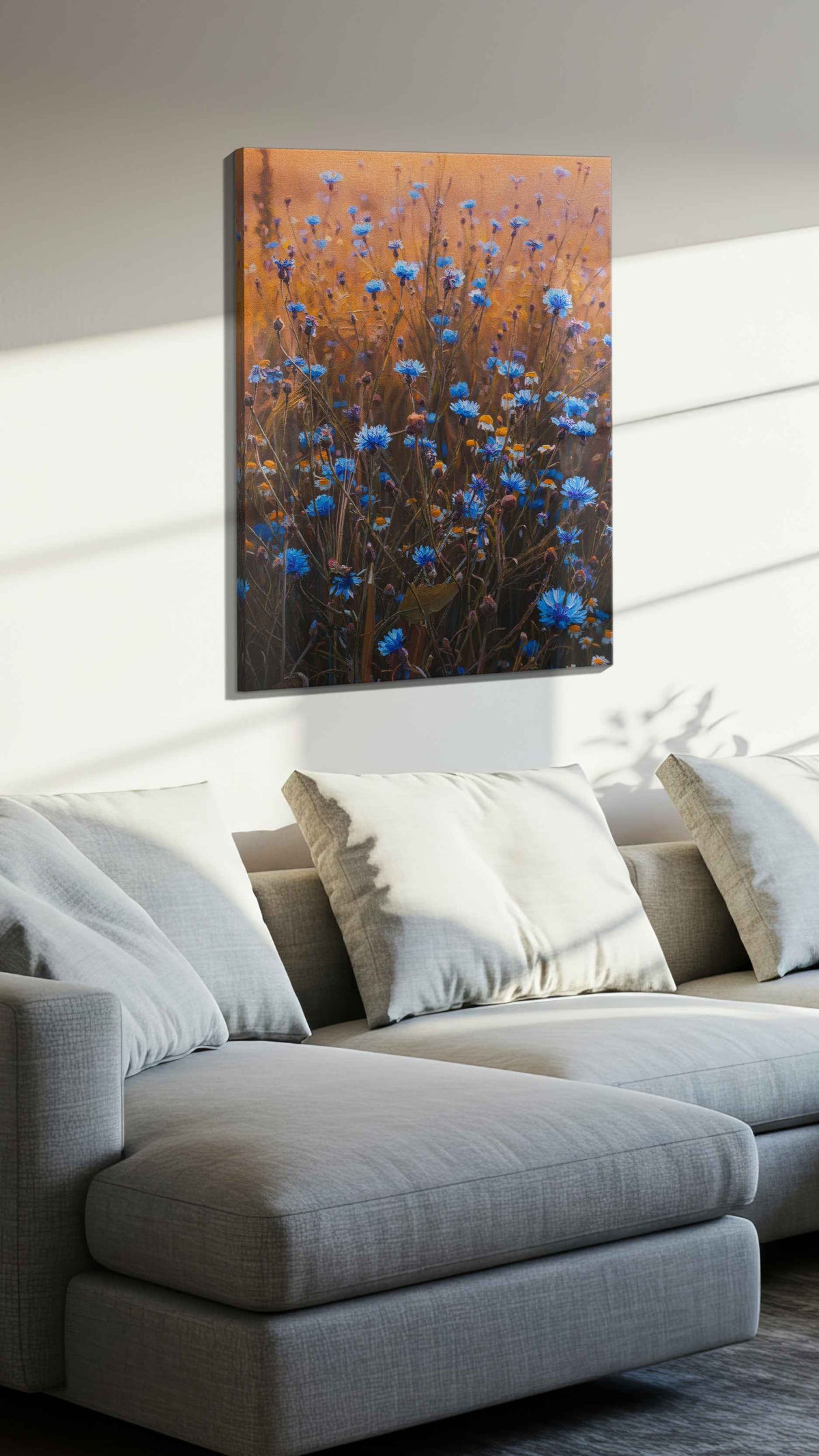 Twilight Meadow Symphony floral canvas print, displayed in a living room