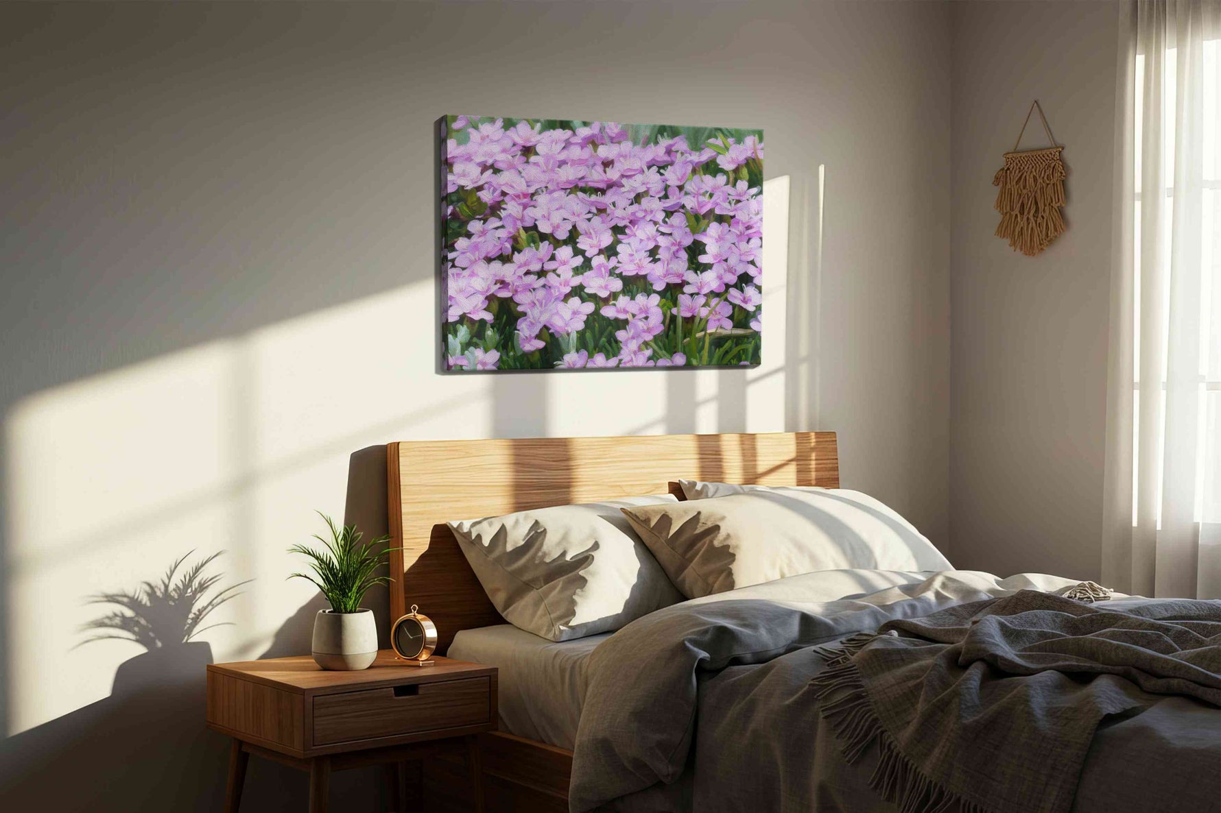 Whisper of Spring Blooms floral canvas print, displayed in a bedroom