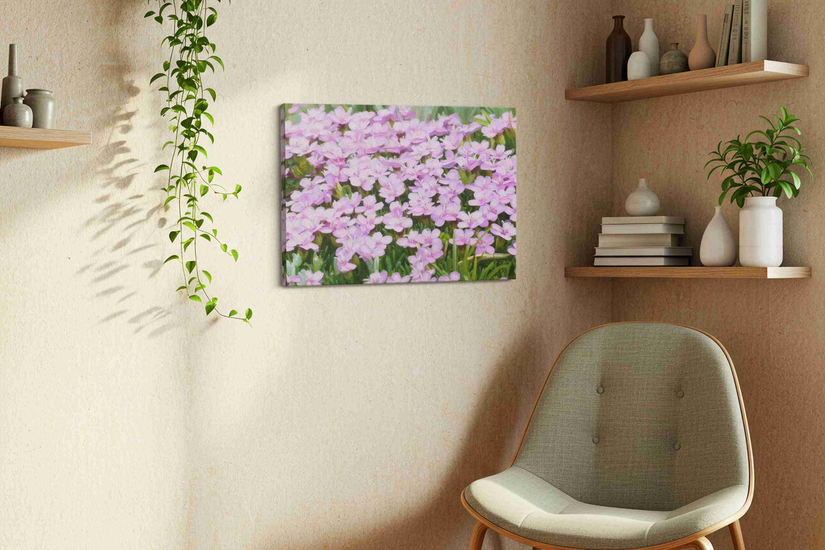 Whisper of Spring Blooms floral canvas print, displayed in a living room