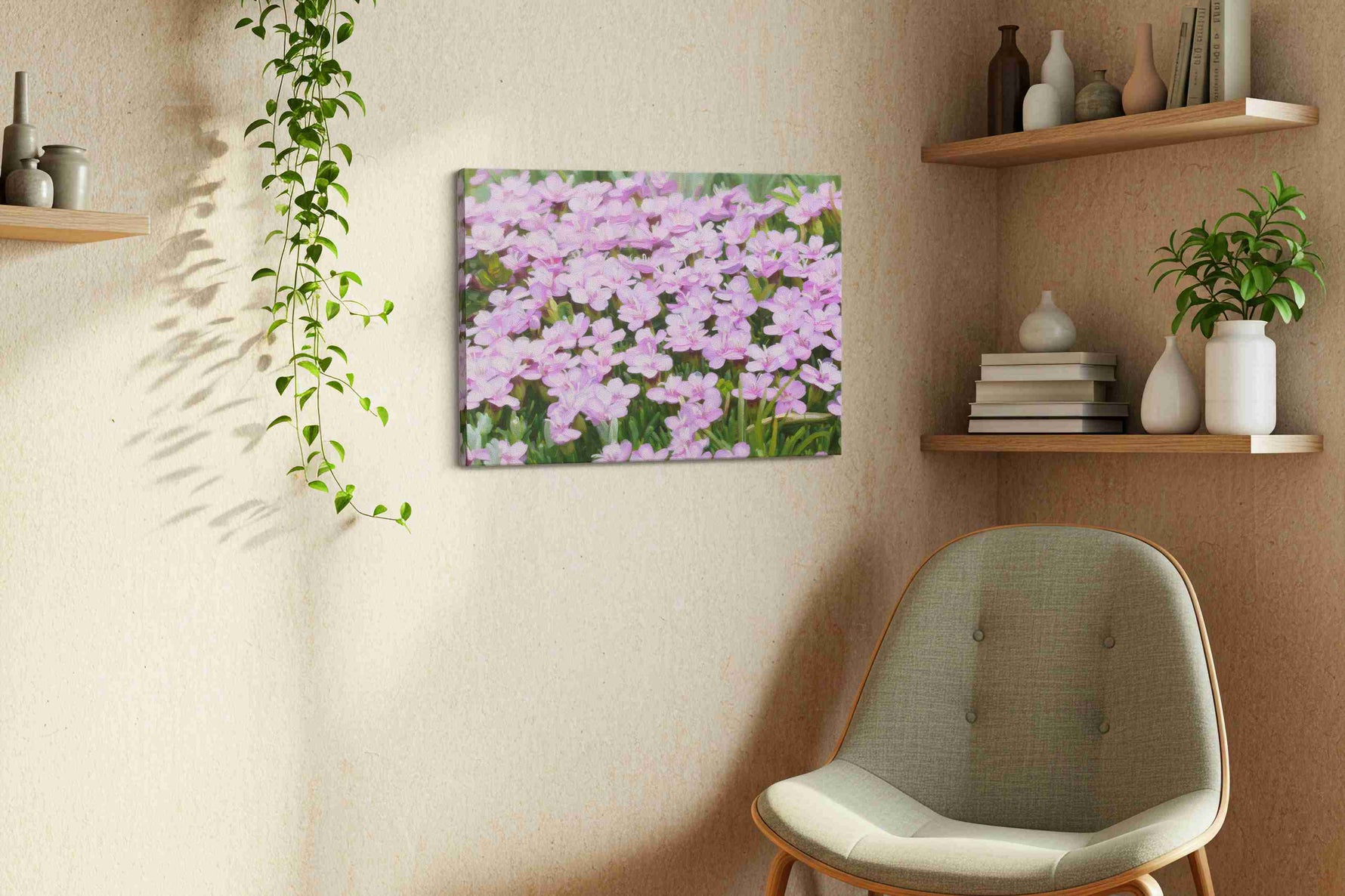 Whisper of Spring Blooms floral canvas print, displayed in a living room