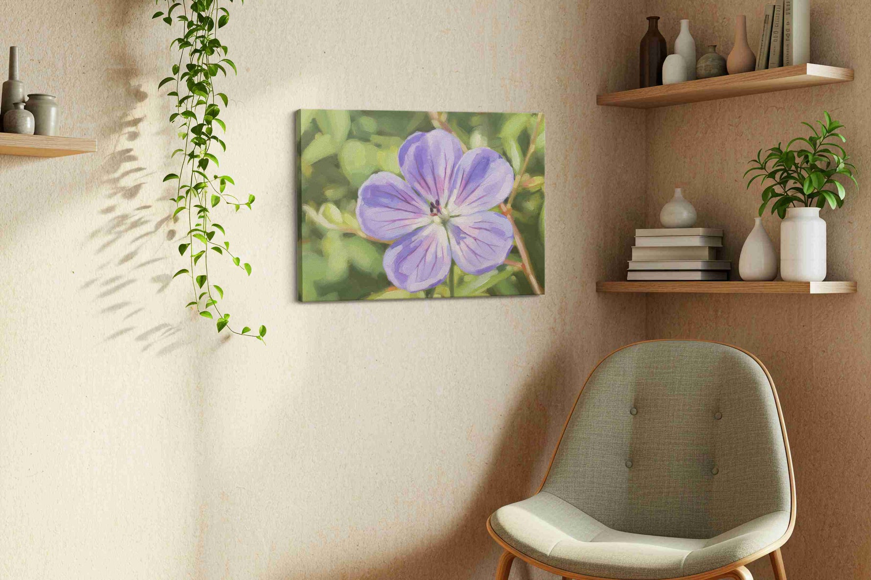 Whisper of the Bloom floral canvas print, displayed in a living room