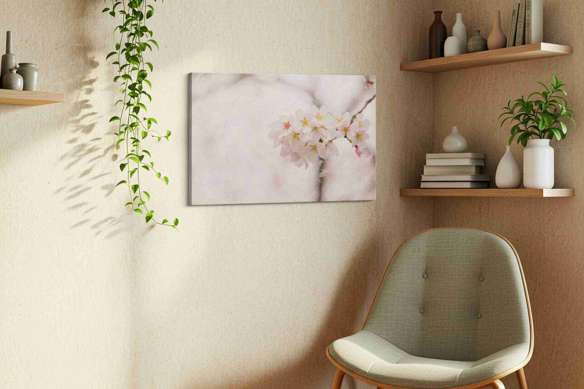 Whispers of Blossom Dreams floral canvas print styled in a living room