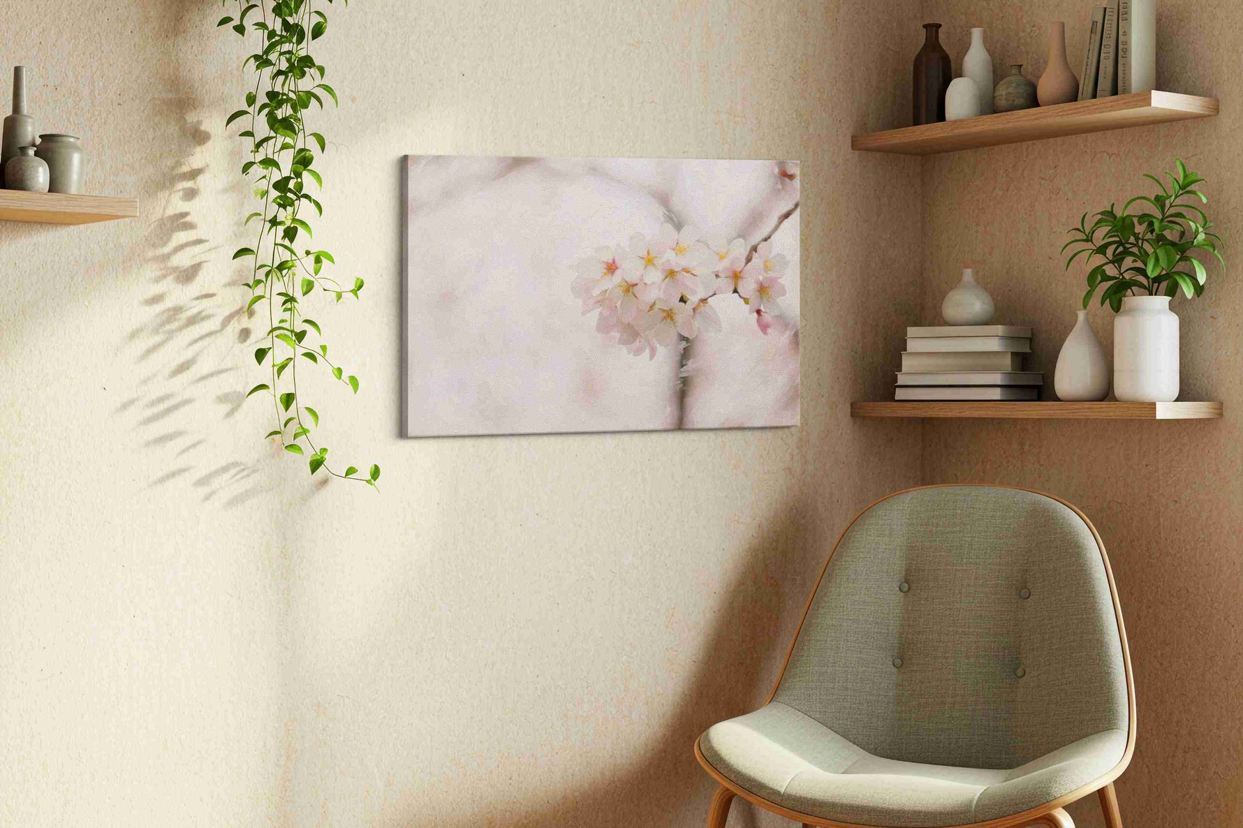 Whispers of Blossom Dreams floral canvas print styled in a living room