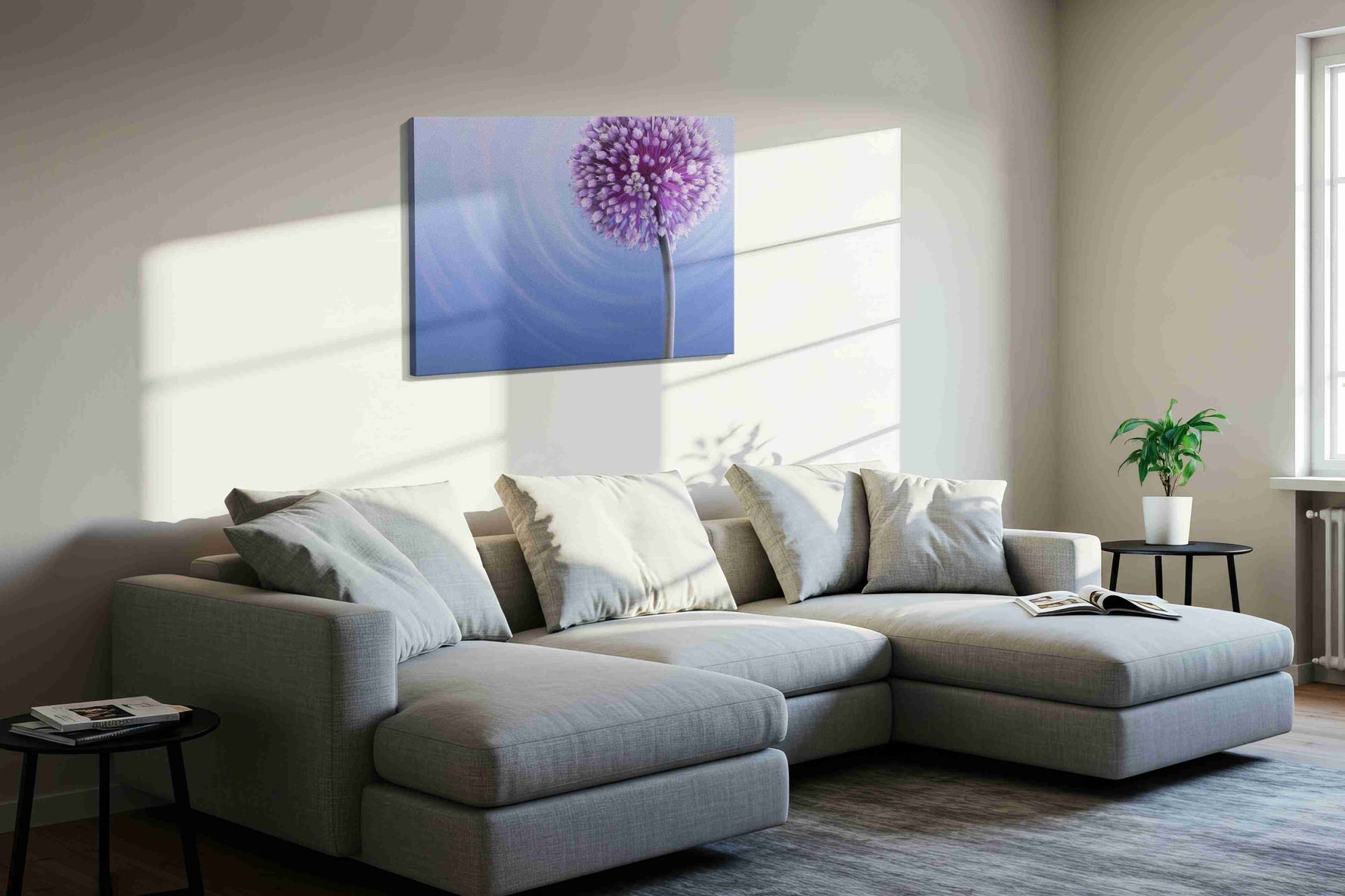 Whispers of Lilac Serenity floral canvas print, displayed in a living room