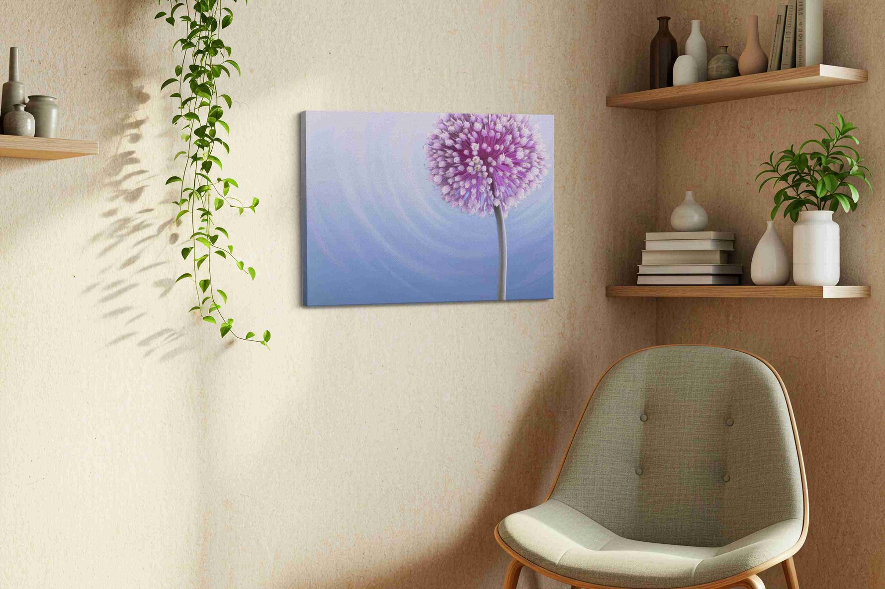 Whispers of Lilac Serenity floral canvas print styled in a living room
