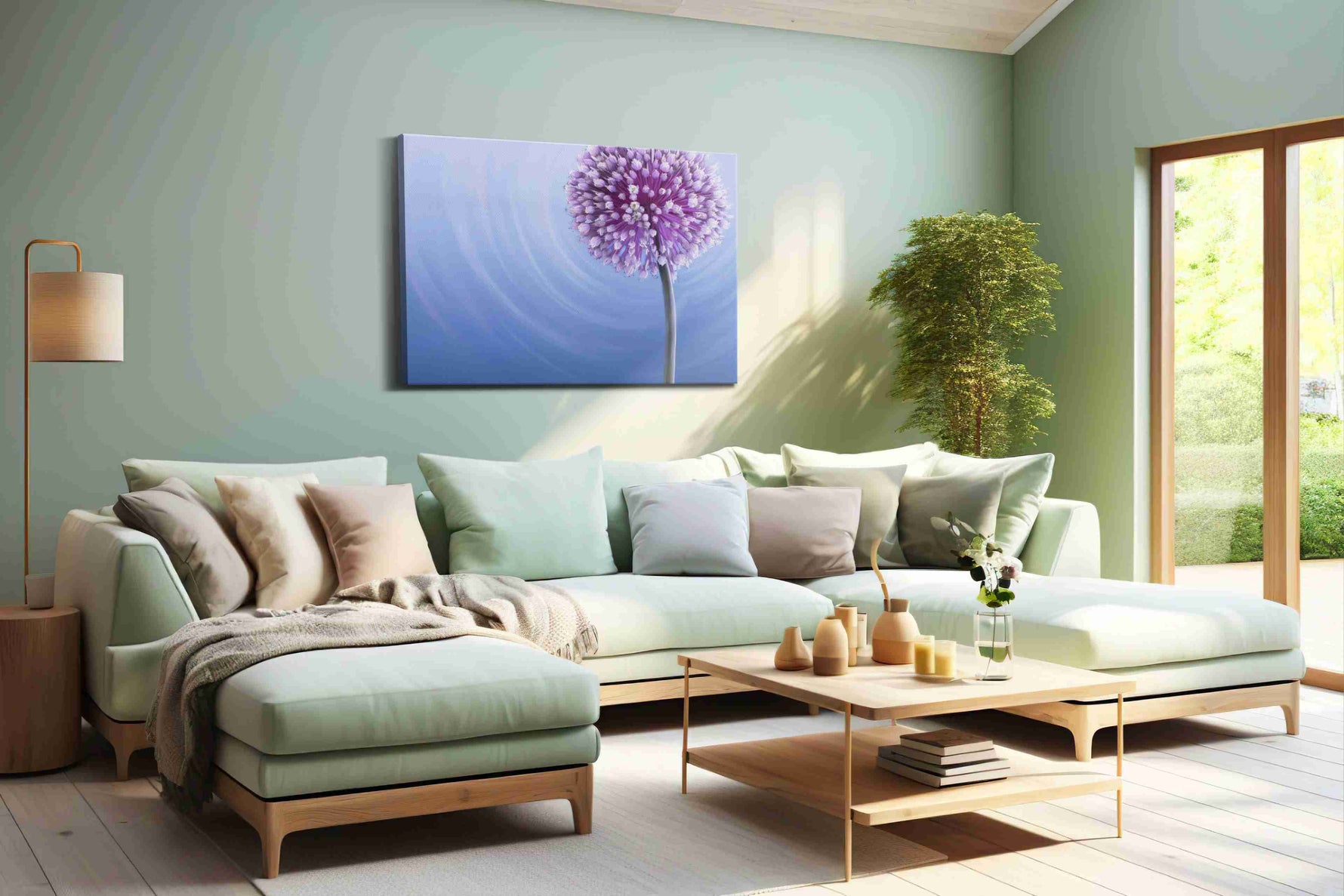 Whispers of Lilac Serenity floral canvas print shown in a wall scene