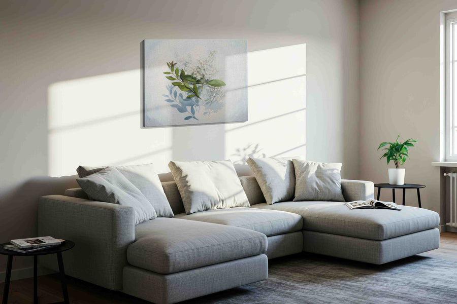 Whispers of Lilac Serenity II leaves canvas print, displayed in a living room