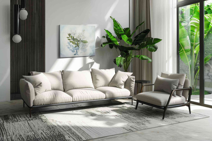 Whispers of Lilac Serenity II leaves canvas print, hanging on wall — in a hung canvas mockup