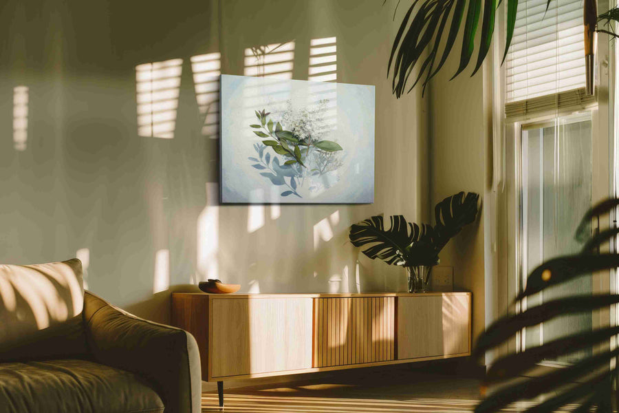 Whispers of Lilac Serenity II leaves canvas print in a hung canvas mockup