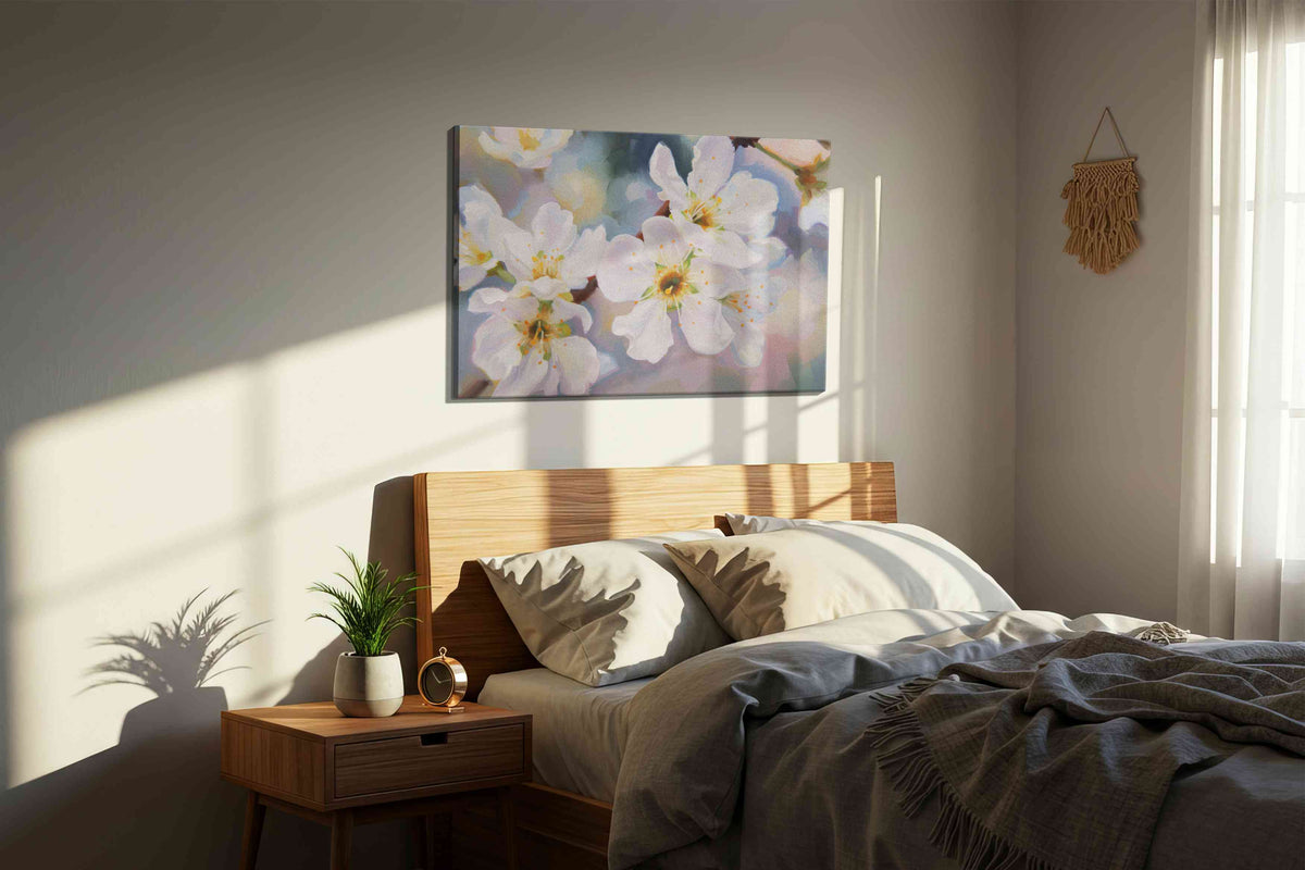 Whispers of Spring Blossoms floral canvas print, displayed in a bedroom