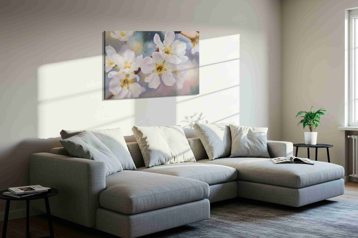 Whispers of Spring Blossoms floral canvas print, displayed in a living room
