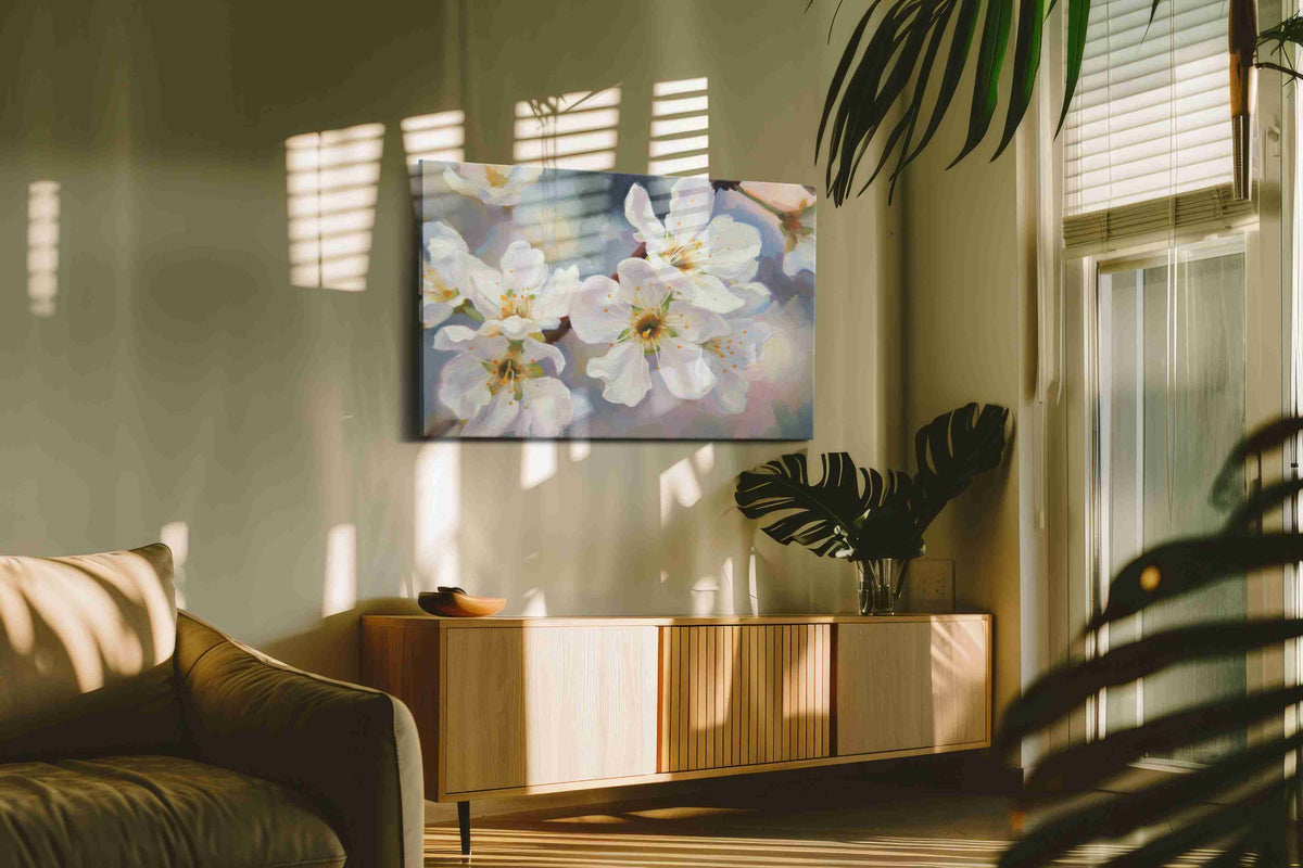 Whispers of Spring Blossoms floral canvas print in a hung canvas mockup