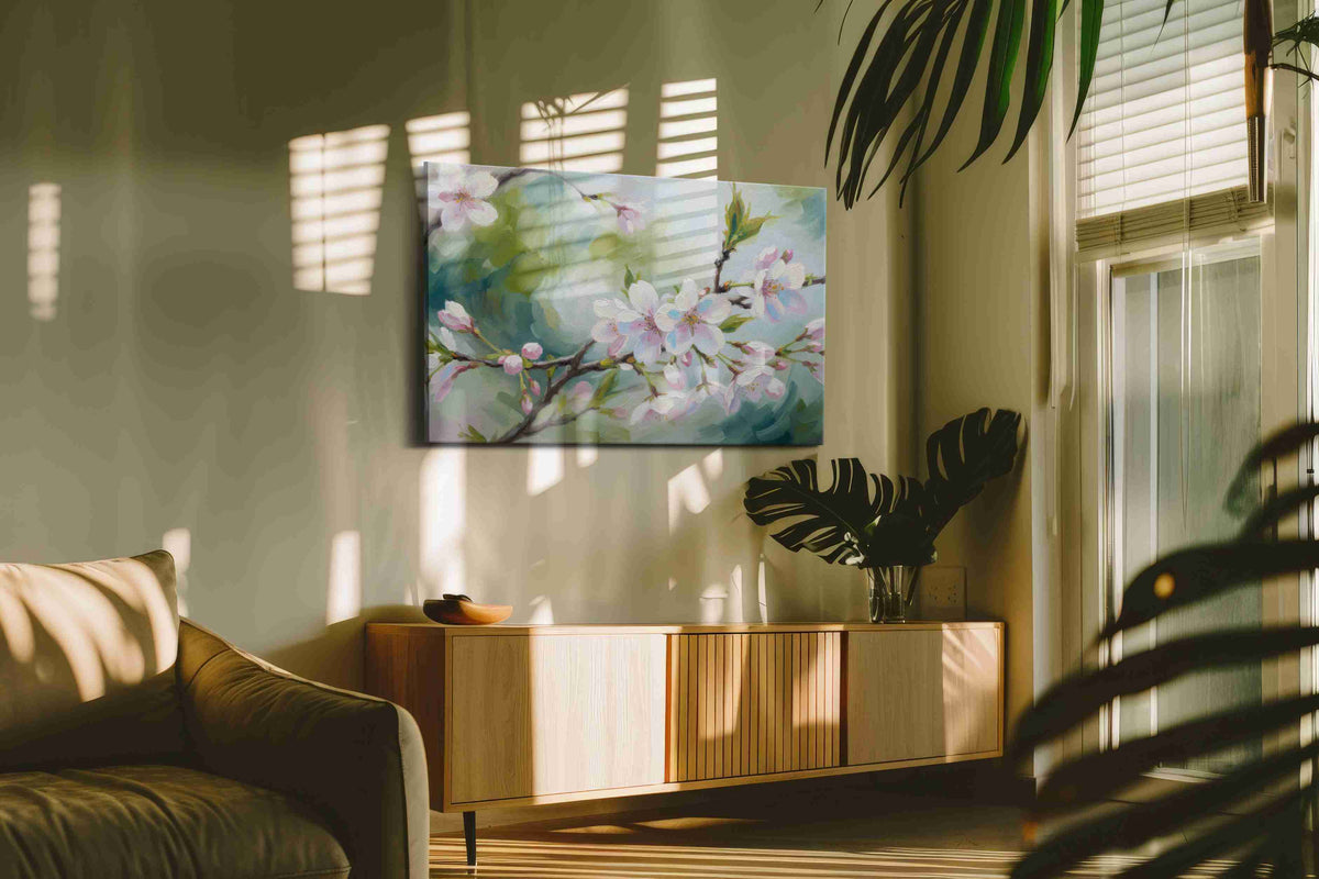 Whispers of Springtime Blossoms floral canvas print, displayed in a living room