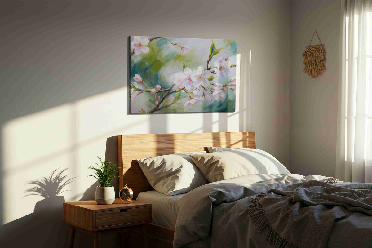 Whispers of Springtime Blossoms floral canvas print, displayed in a bedroom