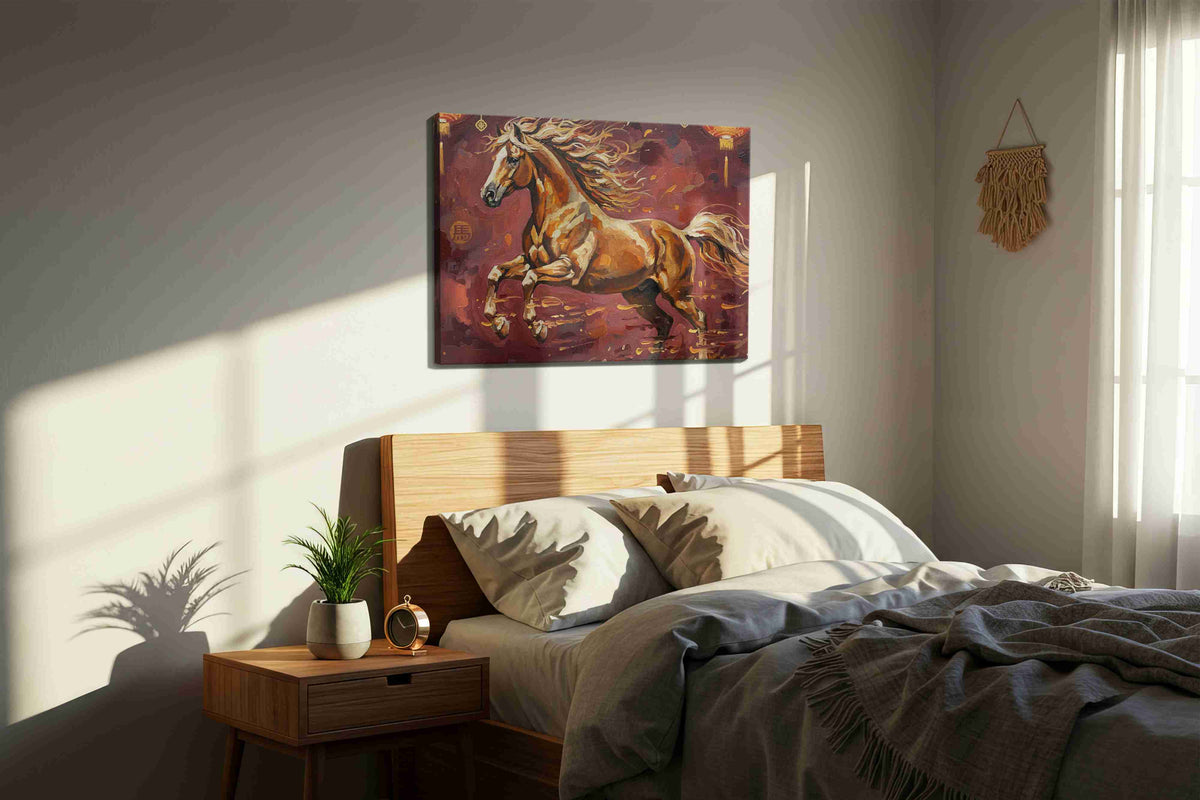 Celestial Gallop horses canvas print, displayed in a bedroom